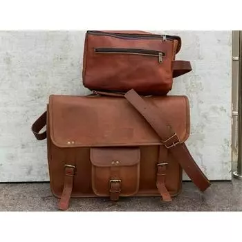 (Бесплатный размер косметички - 9 x 7 x 5 дюймов) Сумка-мессенджер ручной работы для ноутбука, портфель, сатчел, бесплатная косметичка, мужская кожаная 15 x 11 x 5 in коричневый