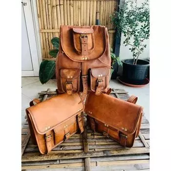 (Бесплатный рюкзак Коричневый Размер - 10 x 13 дюймов) Мотоцикл из козьей кожи (2 сумки) Боковые сумки Багажная сумка Sportster 11 x 9 x 5 in коричневый