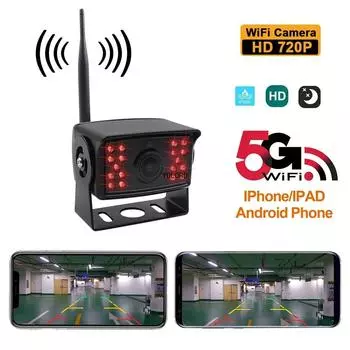 Беспроводная 5GWIFI камера заднего вида для автобуса, грузовика, прицепа, школьного автобуса, автофургона, кемпера, работает с устройствами IOS iPhone и Android 24V чёрный