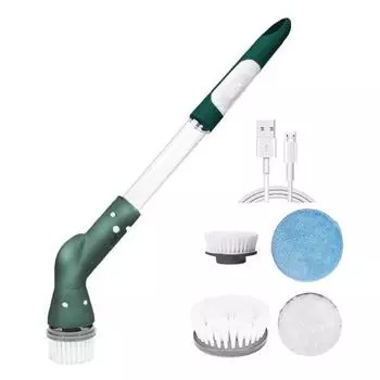 Беспроводная электрическая щетка для чистки с 4 сменными насадками, автовращение, длинная ручка, многофункциональная домашняя ванная комната, пол, плитка, очиститель окон, скруббер, инструмент белый