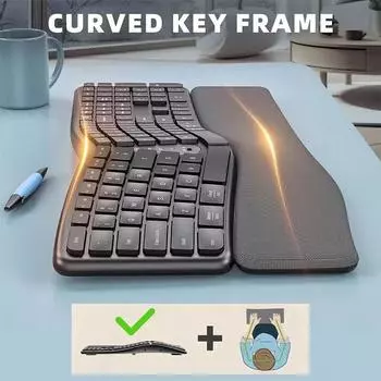 Беспроводная эргономичная клавиатура с разделением, 2.4G USB Multi-Device Ergo Keyboard с мягкой подставкой для запястий и ладоней, перезаряжаемая, черная чёрный