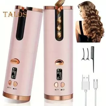 Беспроводная автоматическая плойка для волос с 6 регулируемыми температурами и таймером, перезаряжаемая, быстро нагревающаяся, портативная электрическая плойка для завивки волос, укладка волос розовый/золотой