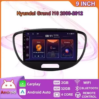 Беспроводная автомобильная магнитола на базе Android Carplay для Hyundai Grand I10 2008-2012, мультимедийный видеоплеер, GPS-навигация, WIFI, 2 + 32 ГБ 2+32GB