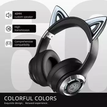 Беспроводная Bluetooth-гарнитура с креплением на голову, светящиеся кошачьи ушки, складная портативная кошачья лапка чёрный