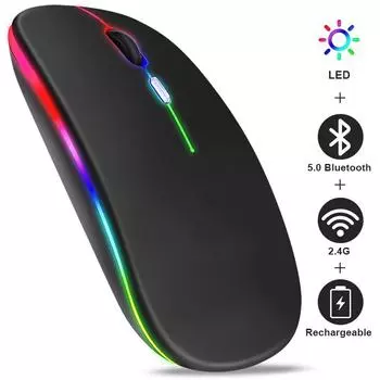 Беспроводная Bluetooth-мышь с USB-перезаряжаемой RGB-мышью для компьютера, ноутбука, игровой мыши, геймера, 2,4 ГГц чёрный
