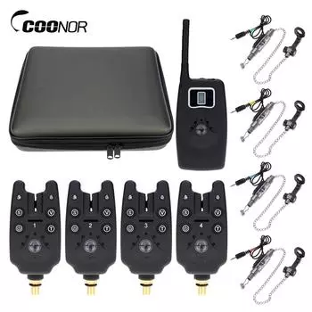 Беспроводная цифровая светодиодная сигнализация для рыбалки, 4 сигнализатора поклевки + 1 приемник с ЖК-экраном чёрный