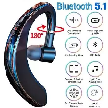 Беспроводная гарнитура Bluetooth5.1, спортивные наушники CVC 8.0 с шумоподавлением, деловой крючок с длительным режимом ожидания, наушники с микрофоном чёрный