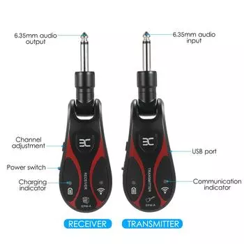 Беспроводная гитарная система ENO EPW-A, перезаряжаемый аудиопередатчик и приемник, разъем UHF 6,35 мм для чёрный