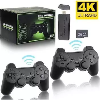 Беспроводная игровая консоль M8 Retro Stick 64Gb, 4K, HDMI, более 10000 встроенных игр, 9 классических эмуляторов, с двумя беспроводными контроллерами 2.4G Package:17*13*11cm чёрный