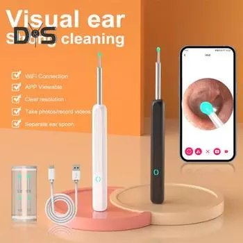 Беспроводная камера для удаления ушной серы WiFi, набор для чистки ушей, перезаряжаемый отоскоп, инструмент для удаления ушной серы для взрослых и детей, пищевой силиконовый наконечник для ушных палочек чёрный