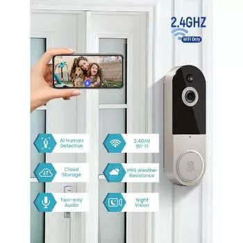 Беспроводная камера дверного звонка 1080P с бесплатным звонком, интеллектуальным обнаружением человека с помощью искусственного интеллекта, ночным видением, двусторонней аудиосвязью, питанием от аккумулятора, облачным хранилищем, 2,4 ГГц WiFi,