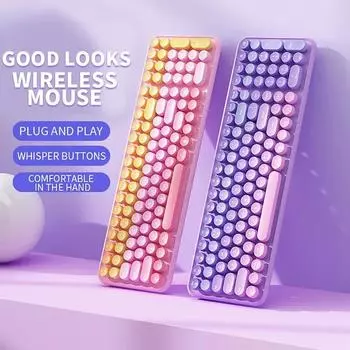 Беспроводная клавиатура 2.4G, 106 клавиш, питание от батареи, ретро-круглые клавиши, красочная симпатичная клавиатура для девочек, совместимая с Windows фиолетовый