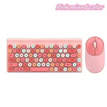 Беспроводная клавиатура и мышь, ретро-стиль для девочек, круглая кнопка, домашний офис, клавиатура и мышь, 2 шт./компл. None красный
