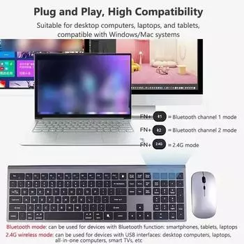 Беспроводная клавиатура, переносная клавиатура, мышь, набор 2.4G 3mode Type-C для ноутбука, ноутбука Mac, настольного ПК, компьютера Smart TV, PS4, набор клавиш
