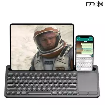 Беспроводная клавиатура Silent Click с держателем для телефона и сенсорной панелью Multi-Touch 2.4G Dual Mode перезаряжаемая клавиатура для iPad/телефона/ноутбука чёрный