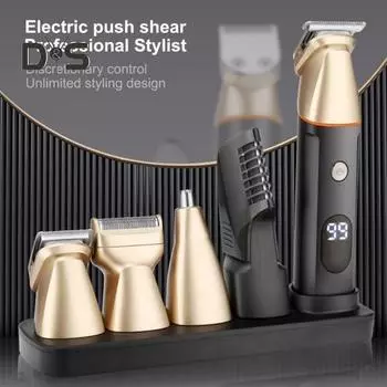 Беспроводная машинка для стрижки волос для мужчин Водонепроницаемый набор для ухода 5 в 1 со сменными насадками для волос, бороды, USB-аккумуляторный триммер со светодиодным дисплеем серебряный