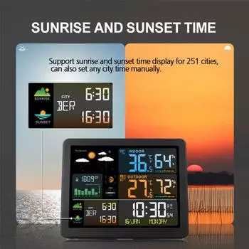 Беспроводная метеостанция с большим цветным экраном, цифровым двойным будильником, барометром, термометром, гигрометром, датчиком прогноза погоды