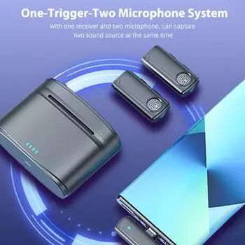 Беспроводная микрофонная система с 1 приемником + 2 передатчиками + 1 зарядным устройством, дальность передачи 20 м Lightning чёрный