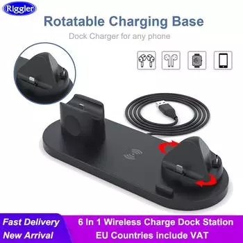 Беспроводная подставка для зарядки Qi для Iphone 13 12 11 для Airpods Pro Iwatch 6 в 1, док-станция для зарядного устройства для телефона с USB-подставкой для зарядки as picture белый