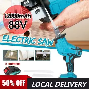 Беспроводная сабельная пила 88 В 3000 об/мин, регулируемая скорость, светодиодная электрическая цепная пила для резки, скорость для распиловки веток, распиловки металла, распиловки None Battery