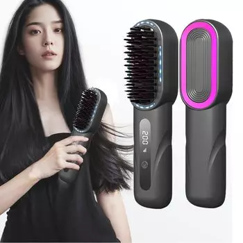 Беспроводная щетка для волос с отрицательным нагревом, быстрая USB-зарядка, непрерывное качество волос, 4 уровня температуры, автоматическая мощность, цифровая, большая щетка для предотвращения ожогов, утюг, чёрный