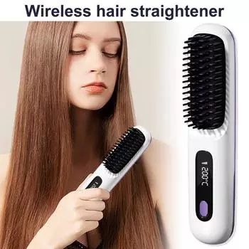 Беспроводная щетка-выпрямитель для волос 3 температуры ЖК-дисплей Быстрый нагрев Перезаряжаемая от USB Портативная горячая щетка Электрическая пушистая укладка вьющихся волос чёрный