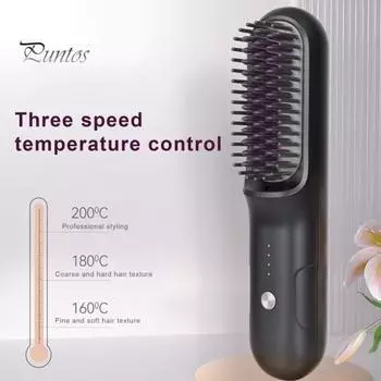 Беспроводная щетка-выпрямитель для волос 3 температуры Быстрый нагрев Перезаряжаемая от USB Дорожная портативная горячая щетка Электрическая пушистая укладка вьющихся волос Распутывание волос чёрный