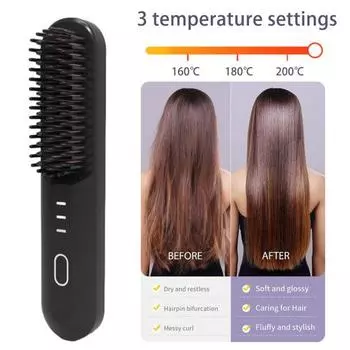 Беспроводная щетка-выпрямитель для волос 3 температуры Быстрый нагрев Перезаряжаемая от USB Дорожная портативная горячая щетка Электрическая пушистая укладка вьющихся волос Распутывание волос бежевый