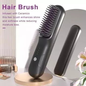 Беспроводная щетка-выпрямитель для волос 3 температуры Быстрый нагрев Перезаряжаемая от USB Дорожная портативная горячая щетка Электрическая пушистая укладка вьющихся волос Распутывание волос чёрный