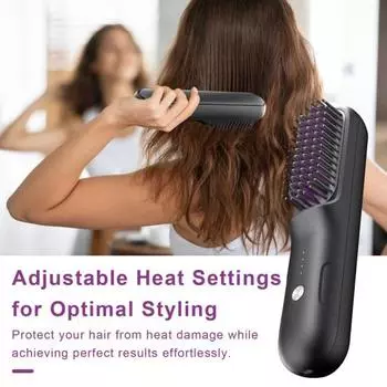 Беспроводная щетка-выпрямитель для волос 3 температуры Быстрый нагрев Перезаряжаемая от USB Дорожная портативная горячая щетка Электрическая пушистая укладка вьющихся волос Распутывание волос чёрный
