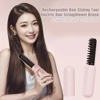 Беспроводная щетка-выпрямитель для волос для женщин, портативная электрическая расческа для выпрямления волос с керамическим покрытием, встроенный аккумулятор, удобная для путешествий горячая расческа розовый
