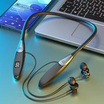 Беспроводная шейная гарнитура со светодиодным цифровым дисплеем, стабильное соединение, портативная магнитная конструкция, шумоподавление, Hi-Fi звук, совместимые с Bluetooth наушники 5.3 чёрный