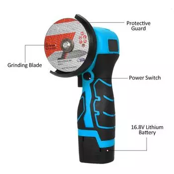 Беспроводная угловая шлифовальная машина, электрический шлифовальный инструмент, 7000 об/мин, мини-шлифовальная машина с аккумулятором 16,8 В, 2000 мАч, 1 шт. EU Plug & 6 Blades чёрный