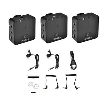 Беспроводная записывающая микрофонная система Andoer MX5 2.4G (1 приёмник + 2 передатчика) с зажимом чёрный