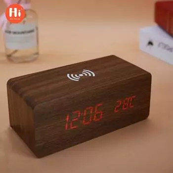 Беспроводная зарядка новый будильник деревянные часы светодиодные часы цифровые часы аудио бесшумный будильник деревянные электронные часы 170*80*70mm белый