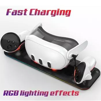 Беспроводная зарядная док-станция для Meta Quest 3, аксессуары RGB Oculus VR, зарядная станция, контроллер, аккумулятор, повязка на голову Fit Elite чёрный