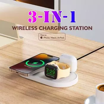 Беспроводная зарядная станция 3 в 1, настольная подставка для быстрой зарядки для Iphone 14 13 12 Apple Watch Airpods, складное дорожное зарядное устройство для телефона as picture белый
