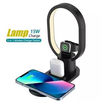 Беспроводная зарядная станция 4 в 1 для iPhone13 12 Pro Max iWatch 7 6 5 Airpods Pro 15 Вт, беспроводное зарядное устройство, док-станция с прикроватной лампой чёрный