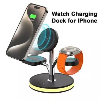 Беспроводная зарядная станция для устройств Magsafe. Подставка для быстрой зарядки для iPhone 15/14/13/12 Series. Зарядное устройство 3-в-1 для Apple Watch.