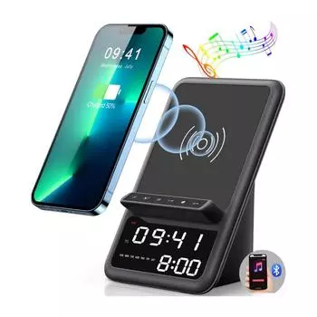 Беспроводная зарядная станция с динамиком Bluetooth и будильником, беспроводное зарядное устройство 4 в 1, совместимое с сериями iPhone 14, 13, 12, 11 Pro Max.