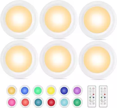 Беспроводное 16-цветное светодиодное освещение под шкафом с дистанционным управлением, диммером и функцией таймера для шкафа, спальни, кухни White