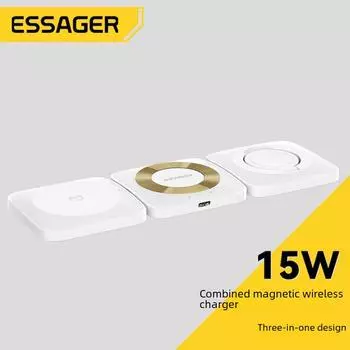 Беспроводное магнитное зарядное устройство Essager 3-в-1 для телефонов, часов и наушников Apple с возможностью быстрой зарядки. headphones wireless charging белый