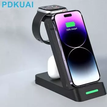 Беспроводное зарядное устройство 3 в 1 для Iphone 14, 13, 12, 11, 15 Вт, док-станция для быстрой зарядки для Apple Watch 8, 7, 6, 5, Airpods Pro, подставка для зарядных устройств standard чёрный