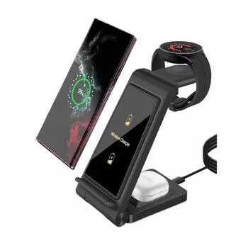 Беспроводное зарядное устройство 3 в 1 для Samsung S23 Ultra/S22/S21/S20/Note 20/Z Flip 4/Z Fold 4, станция быстрой зарядки для Galaxy Watch 5 Pro For Samsung Watch чёрный