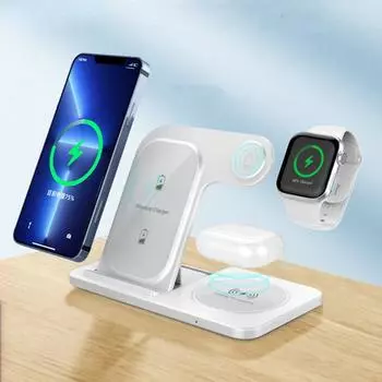 Беспроводное зарядное устройство 3 в 1 для iPhone 14 13 12 11 8 X XS XR Apple Watch 8 7 Airpods Pro, подставка для быстрой зарядки для Samsung S22 S21 чёрный