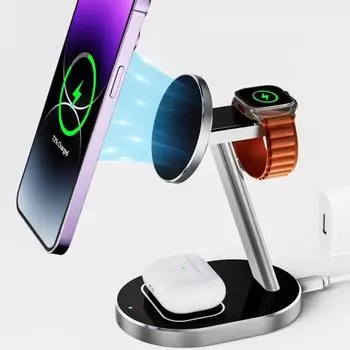 Беспроводное зарядное устройство 3-в-1 из алюминиевого сплава, настольная подставка, подходит для беспроводной зарядки наушников iPhone Watch серебряный