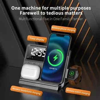 Беспроводное зарядное устройство 5 в 1, будильник, светодиодная подсветка, 15 Вт, док-станция для быстрой зарядки для iPhone 14, 13, 12, Apple Watch, Airpods Pro чёрный