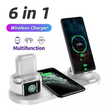 Беспроводное зарядное устройство 6 в 1, подставка для iPhone 15, 14, 13, 12, Apple Watch, Airpods Pro, iWatch 8, 7, док-станция для быстрой зарядки белый