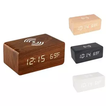 Беспроводное зарядное устройство Деревянный цифровой будильник Светодиодный дисплей Температура Деревянные настольные цифровые часы Настольные часы Зарядные устройства для телефонов белый