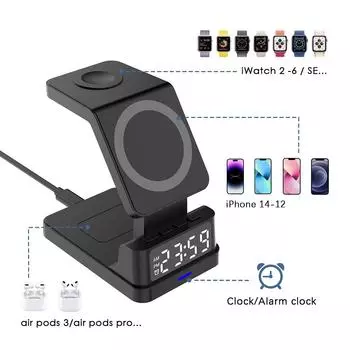 Беспроводное зарядное устройство для быстрой зарядки 4 в 1 для iPhone 14, 13, 12 Pro Max, Xiaomi Airpods, Apple Watch, 15 Вт, подставка Magsafe с будильником No Clock чёрный